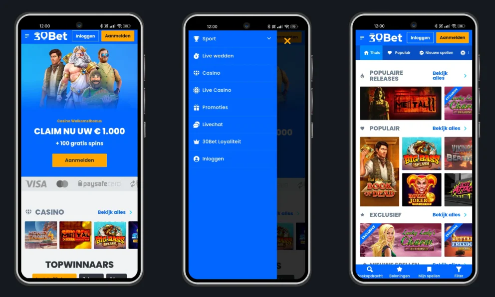 Mobiele versie van 30bet Casino met navigatiemenu, welkomstbonus en populaire casinospellen op smartphones